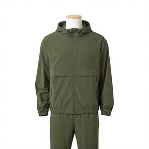 Mens Olive Green Hooded Windbreaker Tracksuit Lightweight <b>Zip</b> <b>Up</b> <b>Jacket</b> and Jogger Set Waterproof Outdoor Sportswear - Product Image 1