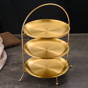 Stainless Steel Round Tray Rack 3 Tier Gold Finish For Hotel Tea Coffee Serving - Product Image 1