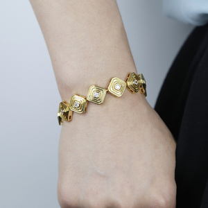 新款镀金时尚饰品套装镂空方形耳环铺装珠光CZ迷宫条纹项链手链饰品 - Product Image 3