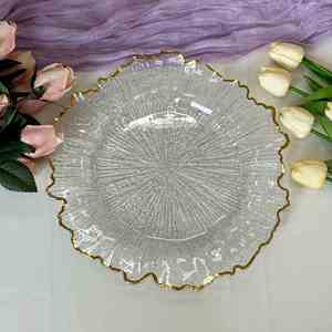 Lot de 50 Assiettes de Présentation Durables en Plastique PP Transparent 13'' avec Bord Doré Motif Floral Corail Design Moderne Classique pour Mariage et Réceptions - Product Image 4