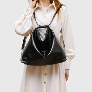 Bolso hobo de lujo para mujer, de piel sintética charolada, con correa de cadena, cierre de cremallera, moderno y elegante, bolso de hombro negro, estilo vintage. - Product Image 3