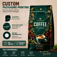 Sachet à fond plat à huit soudures pour grains de café, poudre de café, poudre protéinée, avec logo personnalisé imprimé, fermeture éclair et valve, 250g 500g 12oz