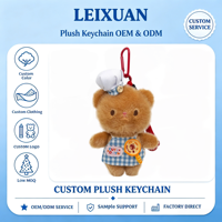 Porte-clés en peluche ours chef mignon avec tablier à carreaux bleus et poêle à frire, pendentif de sac en forme de poupée bouffante de boulangère, mousqueton rouge pour fille