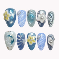 Ongles à presser en acrylique transparent bleu marbré, motif fleur 3D, coquillage, perle et paillettes, forme amande, courts, 10 pièces, vente en gros personnalisée