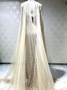 Queen's Elegance Champagne Vestido sin mangas con capa <span class=keywords><strong>de</strong></span> tren largo Cuello alto Vestido Maxi con cuentas artesanales - Product Image 6