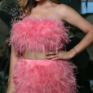 Top corto de plumas de avestruz, ropa interior Sexy para mujer, sujetador de piel rosa