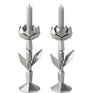 Porte-bougie en métal argenté en forme de tulipe, base hexagonale géométrique, support pour bougie conique, décoration de mariage, décoration de la maison, centre de table - Product Image 2