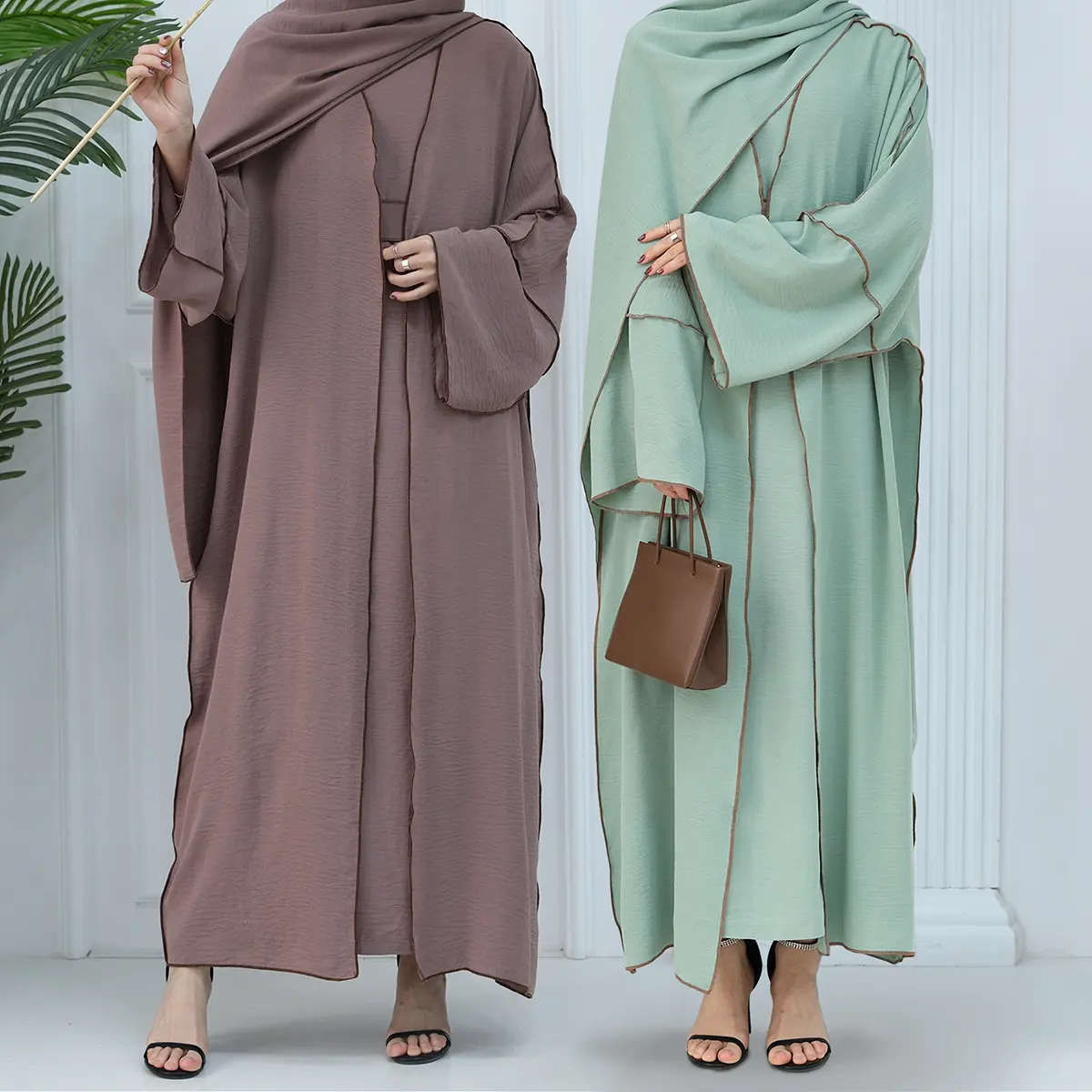 Traditional Muslim Ramadan Modest Abaya Set Solid Color Wrinkle Polyester Cardigan Robe With Inner dress Two Piece Abaya Set