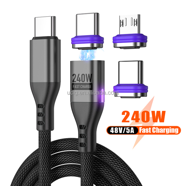 48V 5A PD 240W Quick Charger Cord 3 in 1 Magnetic USB-C Cable for iPhone Huawei Xiaomi Samsung & Laptop
