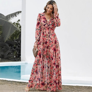 Floral Print Long Sleeve V Neck Maxi <b>Dress</b> <b>Elastic</b> Waist Breathable Party Casual <b>Dress</b> Women's Fashionable Elegant Evening <b>Dress</b> - Product Image 1