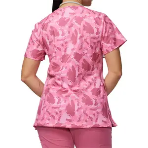 Conjuntos de uniformes de enfermagem anti-rugas para hospitais, uniformes de enfermeira de malha com decote em V, blusa estampada em todo o corpo