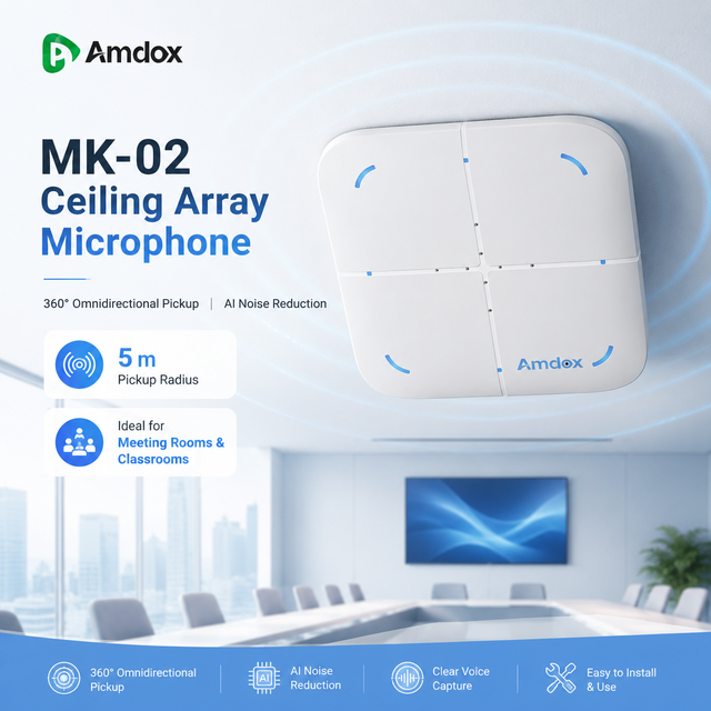 MK-02 Ceiling Array Microphone 360 Degree Omnidirectional Pickup Wired USB AI Noise Reduction Echo Cancellation for Classroom