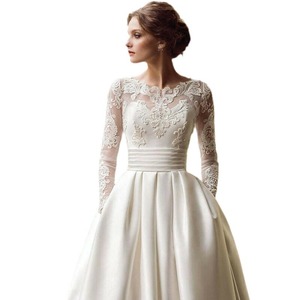 Wedding Dress O-Neck Long Sleeve Satin A-Line Ivory White Vintage Style - Product Image 3