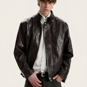YACHEN 高品质男女通用复古奢华时尚短立领街头风格棕色 PU 皮革涂层冬季飞行员夹克 - Product Image 1