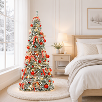 Vente en gros directe d'usine, arbre de Noël floqué pré-éclairé de 6 pieds, arbre de Noël pliable facile à assembler avec des ornements en ruban