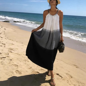 Robe longue décontractée d'été pour femme, style halter, tie-dye ombré, grande taille, noir et gris dégradé, tenue de plage, cache-maillot - Product Image 2