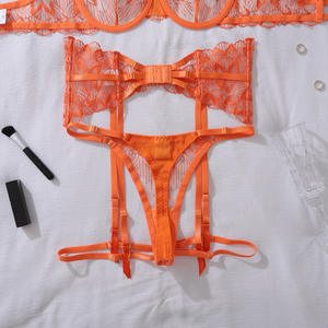 Ensemble de lingerie 4 pièces sexy transparent brodé en maille pour femme Yicheng, soutien-gorge push-up à armatures, culotte et porte-jarretelles <span class=keywords><strong>orange</strong></span> - Product Image 6