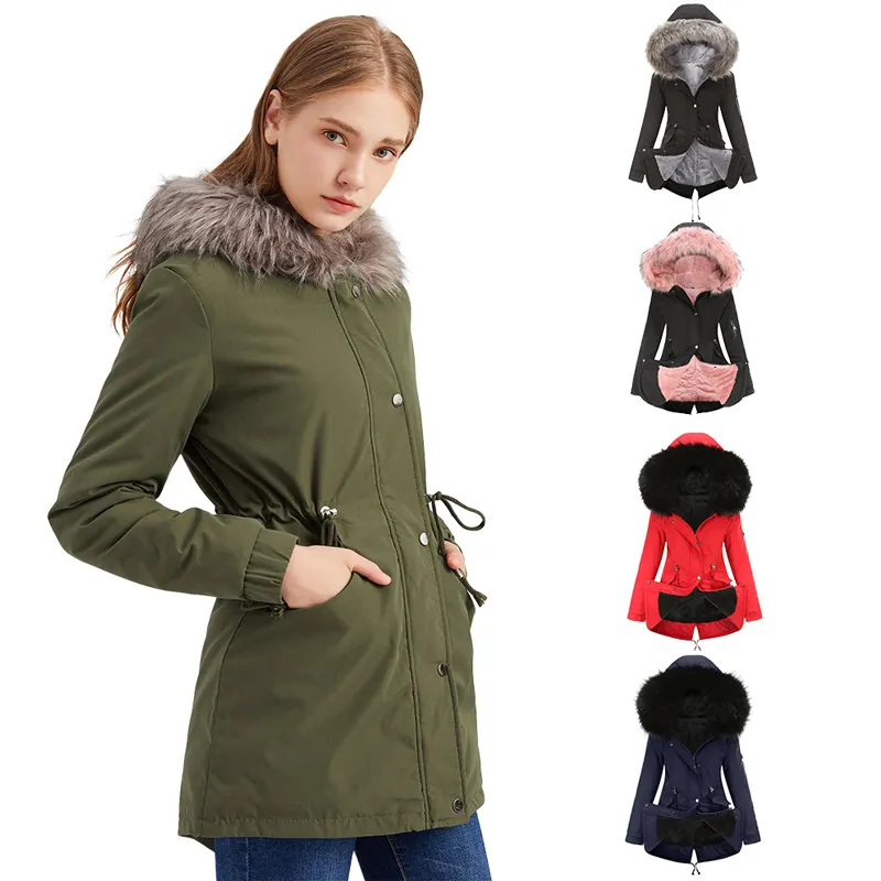 Chaqueta acolchada de algodón con capucha para mujer, abrigo cálido con Cuello de piel clásico, Parka ajustada de terciopelo verde militar para invierno