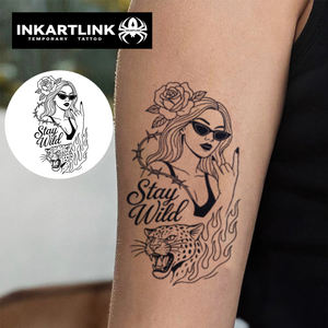 INKARTLINK Autocollant de <span class=keywords><strong>tatouage</strong></span> 'Stay Wild' style flash traditionnel américain, motifs Léopard, Rose, Girl Power, à base de plantes premium, tenue 15 jours, fournitures en vrac - Product Image 1