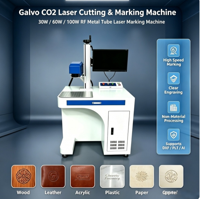 CE Certified New High Productivity CNC Galvo CO2 Laser Marking Machine 30W/60W/100W DXF/AI for Leather Wood Packaging Marking