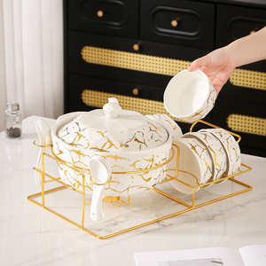 Marble Pattern Gold Inlay <b>Ceramic</b> Microwave Safe Soup <b>Pot</b> and Bowl Set Modern Middle Eastern Light Luxury Tableware - Product Image 2