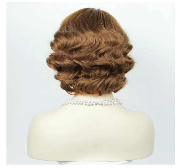 Brown Flapper Vintage Wig for Women Finger Wave Lady Short Curly Halloween Party Cosplay Costume Synthetic Hair Wig + Ac