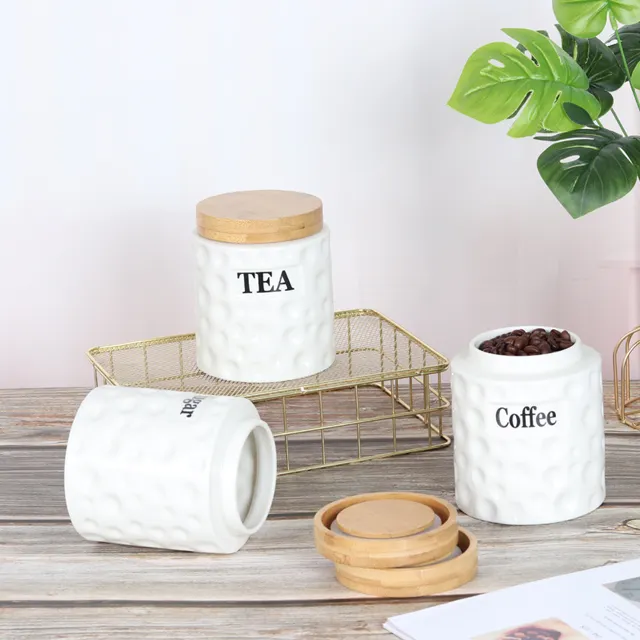 Tea Coffee Sugar Ceramic Seal Pot Set Containers Stone Spices Seasoner Pot Storage Box Ceramic Canister Set With Wooden Lids