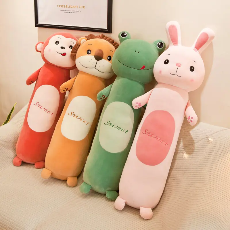 IN magazzino morbido kawaii simpatico cartone animato peluche lungo cuscino animale scimmia coniglio rana leone farcito peluche