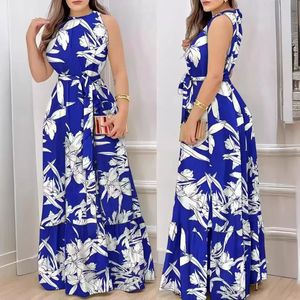 Vestido Largo de Verano para Mujer, Estilo Europeo, Tejido, Estampado Floral, Sin Mangas, Casual, con Cordones, Estampado de Hojas de Loto - Product Image 2