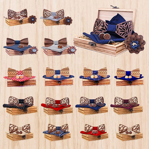 Classic Handmade Mens Wooden Bow Tie with Matching Pocket Square and Men's Cufflinks Sets Boxes