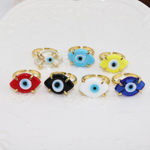 RA1146 Moda plata 18K chapado en oro Base de latón esmalte multicolor Murano vidrio azul turco mal de ojos Nazar mujeres Anillos - Product Image 4