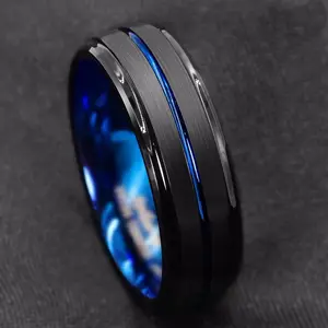 YICAI Fashion Stainless Steel Black Colorful Groove Beveled Edge Ring For Men Wedding Engagement Band Fidget Rings