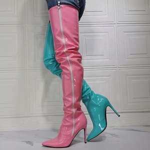 Botas Altas de Mujer de Dos Tonos con Tacón Fino y Punta Puntiaguda, Talla Grande 47, Color Caramelo, con Cremallera Lateral, Botas por Encima de la Rodilla para Damas - Product Image 6