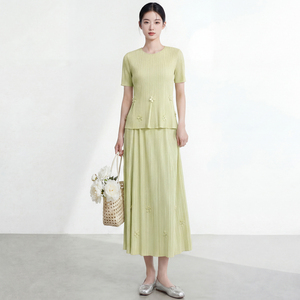 Ensemble deux pièces chic prairie pour femme, jupe plissée crème, manches courtes, col rond, broderie unie, longueur mi-mollet, printemps-été - Product Image 4