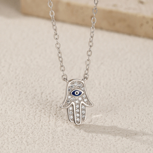 Collana con Pendente Occhio Blu Portafortuna in Argento Sterling 925 Placcato Rodio con Zirconia Cubica e Catena a Croce - Product Image 4