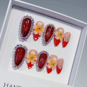 Uñas Postizas de Lujo con Purpurina Líquida, Hechas a Mano, con Diseño Romántico y Brillante, Flores 3D, Uñas Artificiales Delicadas en <span class=keywords><strong>Rosa</strong></span> y Azul - Product Image 6