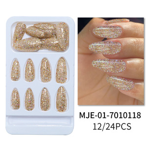 Uñas Postizas al por Mayor, 24 Piezas/Caja, Medianas, Almendradas, Brillantes, con Puntas Francesas Doradas, Uñas Adhesivas para Mujer - Product Image 6