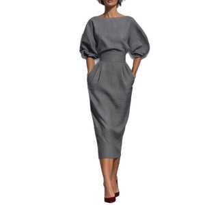 Abito <span class=keywords><strong>Elegante</strong></span> da Donna Stile Primavera-Autunno <span class=keywords><strong>con</strong></span> <span class=keywords><strong>Scollo</strong></span> a Barca e Linea ad A, Abbinato a Top <span class=keywords><strong>con</strong></span> Maniche a Sbuffo e Gonna Plissettata a Vita Alta - Product Image 5