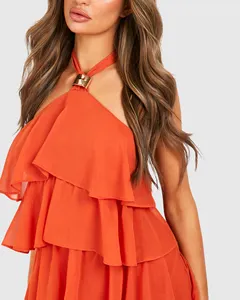 Individuelles neues meistverkauftes Damen-Chiffon-Kleid orange ärmellos V-Ausschnitt Krawatte Maxi-Kleid Sommerkleider Damen lässig