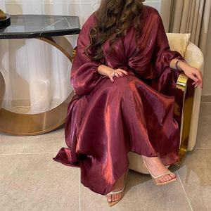 Robe longue élégante de Dubaï pour femmes, style Europe et États-<span class=keywords><strong>Unis</strong></span>, Moyen-Orient, Turquie, arabe, couleur unie, manches bouffantes, Abaya - Product Image 6