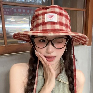 Korean Style Heart Plaid Bucket <b>Hat</b> Red And Black Wide Brim Sunshade <b>Hat</b> For Women <b>Summer</b> Breathable Canvas Fisherman <b>Hat</b> - Product Image 1