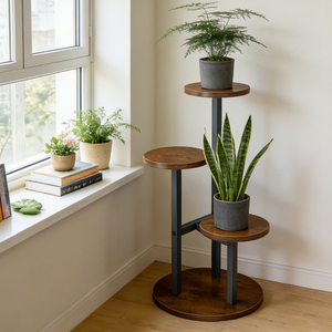3단 목재 및 금속 화분 스탠드, 소박한 스타일의 바닥형 화분 받침대 (실내, 가정, 발코니용) - Product Image 4