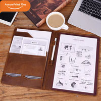 Portafolio Ejecutivo Retro de Cuero Crazy Horse, Cuaderno de Tapa Dura Cosido, Bolsillos de Almacenamiento, Portaplumas, para Oficina y Negocios