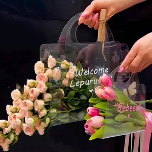 Ready To Ship Wholesale Large Size design logo PVC Transparent Plastic Flower Bag Clear Gift Flower Bouquet Bag With Handle