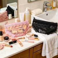 Pochette de rangement portable en coton et dentelle YY Bow, pour rouge à lèvres, crayon à sourcils, organiseur de maquillage, sac à pinceaux de voyage