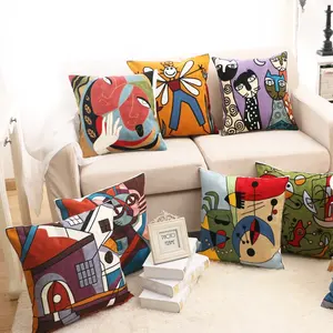 100% Cotton Picasso Style Embroidered Square Pillow Case Sofa Cushion Cover For Car Chair Cushion Case 45 × 45センチメートルWithout Stuffing