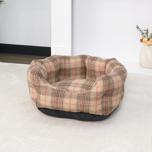 Petopia cama de algodón de lujo para mascotas para perros pequeños nuevo estilo a cuadros con patrón sólido cama redonda marrón clásica moderna embalada en cartón - Product Image 1