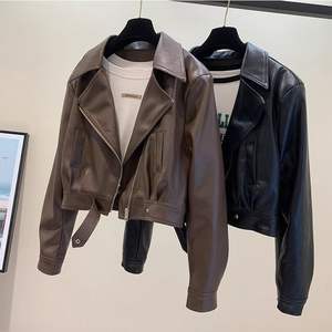 Spring Summer Casual Lightweight Sliming <strong>Women</strong> <strong>Petite</strong> Size Cropped Notched Lapel Short Vegan <strong>Leather</strong> Coat Faux <strong>Leather</strong> <strong>Jacket</strong> - Product Image 1