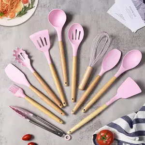 Set di utensili da cucina in Silicone da 12 pezzi con manico in legno, Set di spatole da cucina con confezione regalo