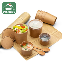 Impression personnalisée, bols en papier kraft de 26 oz pour emporter, emballage alimentaire pour nouilles et soupes, bols à salade jetables avec couvercle